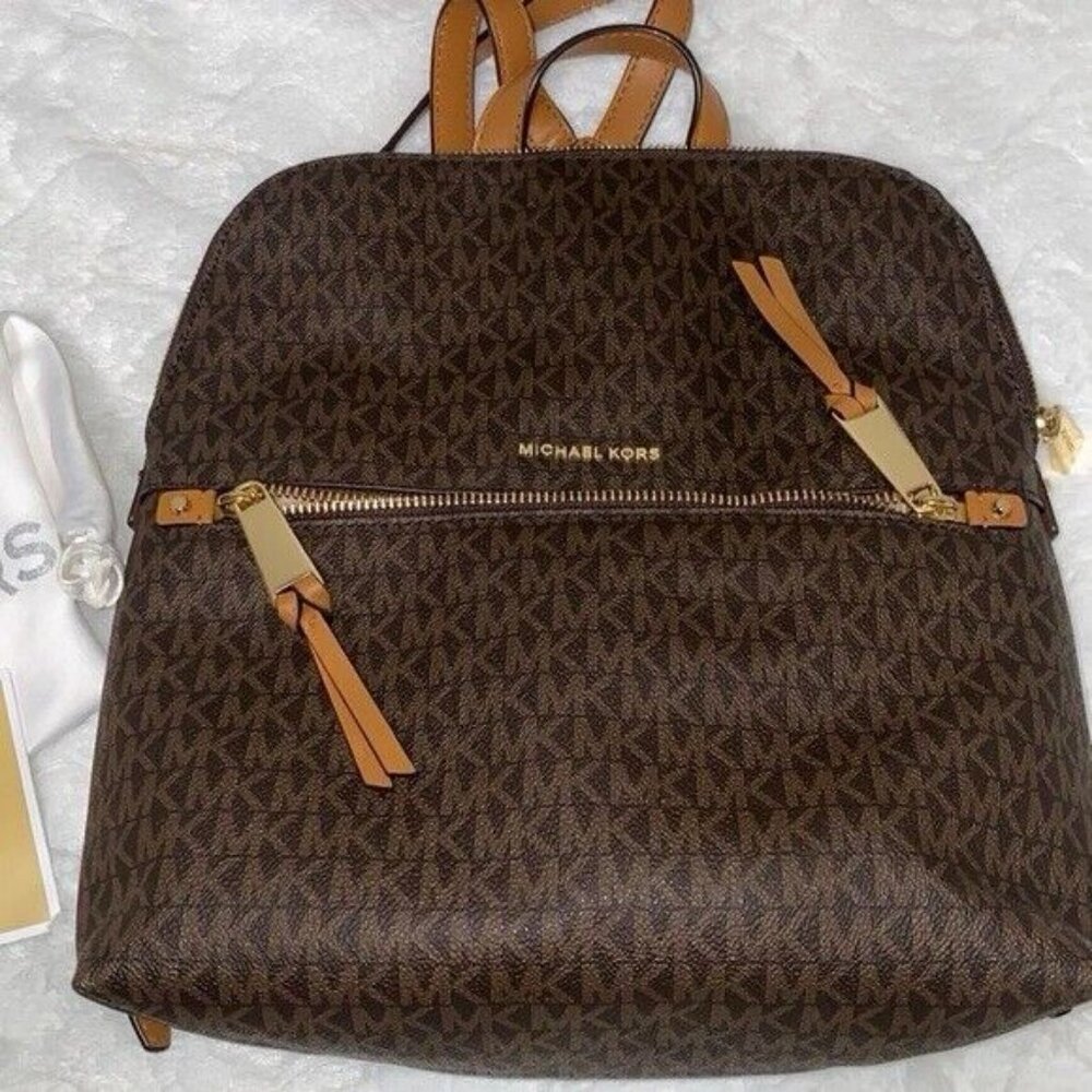 Michael Kors Jaycee Medium Zip Pocket Backpack Bag  MK Logo Brown Authentic